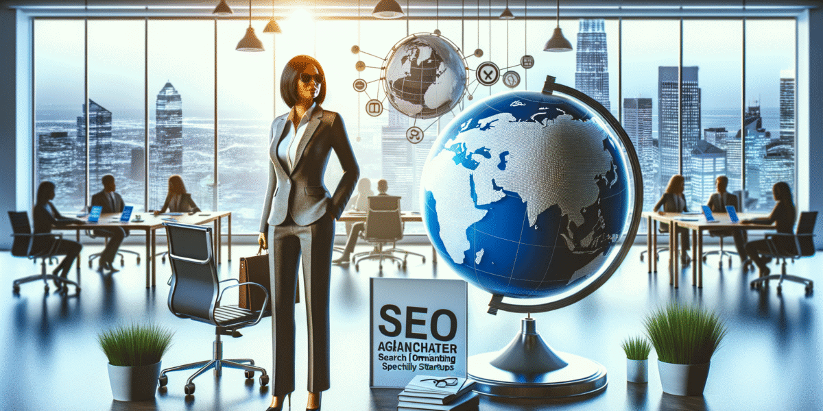 Businesswoman in office with globe and SEO sign.
