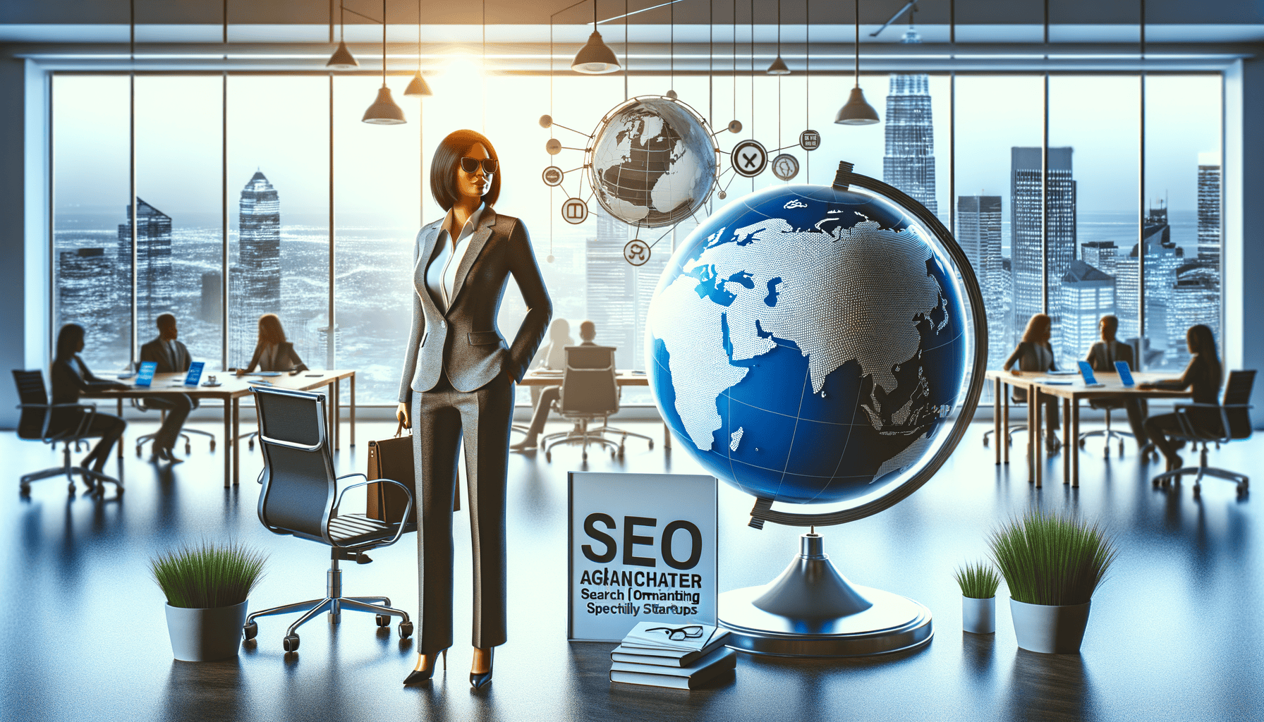 Businesswoman in office with globe and SEO sign.