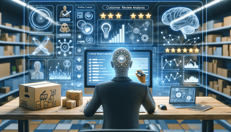 Futuristic AI analyses customer reviews and e-commerce data.