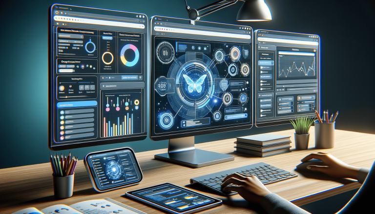 Modern workspace with multiple screens, data visualisations, and glowing butterfly.