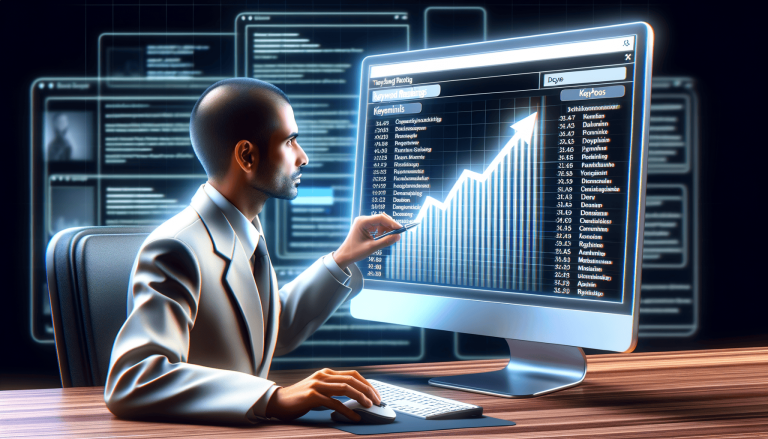 Man in suit analysing growth chart on computer screen.