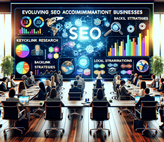 Business meeting with large SEO presentation screen.