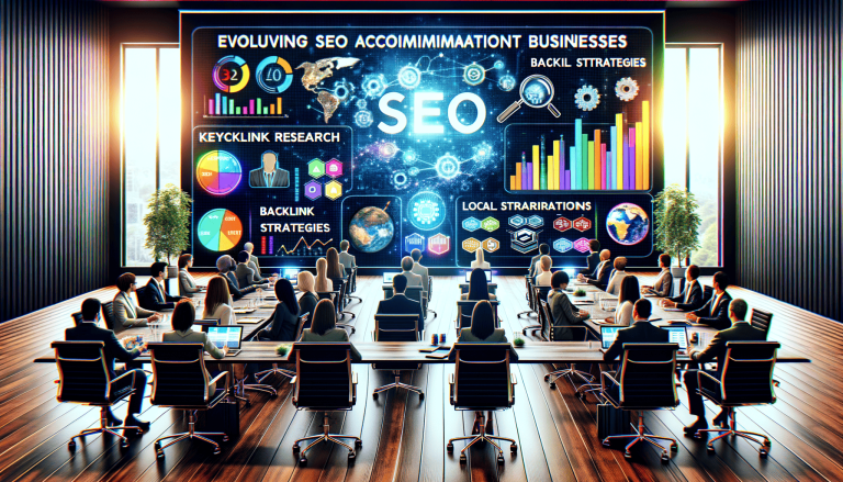 Business meeting discussing SEO strategies with data on large screen.