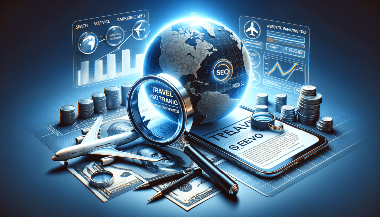 Futuristic global SEO, travel, money, and data visualization.