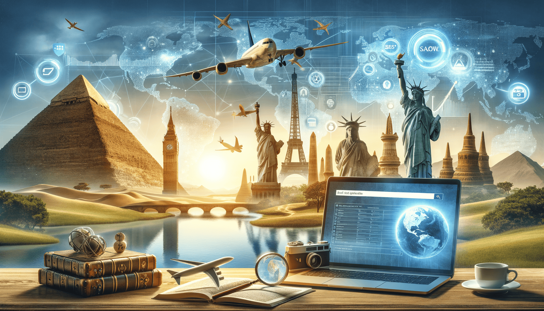 Travel landmarks with technology and innovation theme.