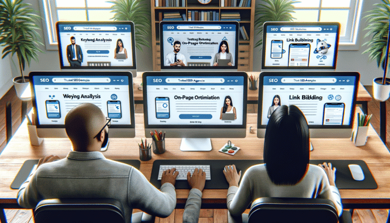 Two people working on SEO optimisation across multiple computer screens.