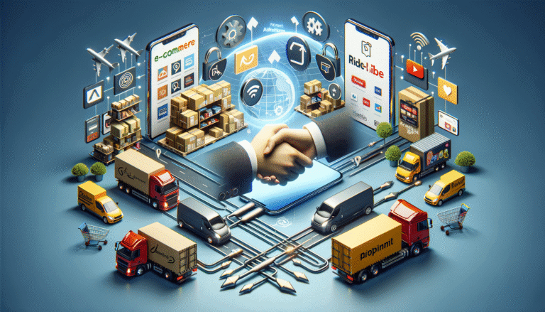 Global e-commerce and logistics network with digital connectivity and handshake.