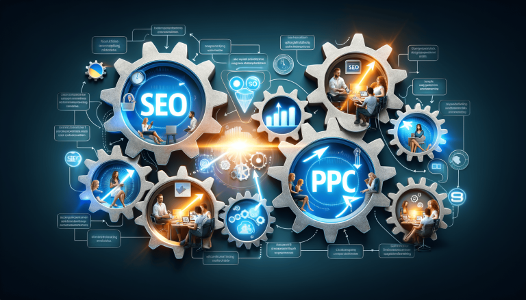 SEO and PPC digital marketing strategy illustrated by interconnected gears.