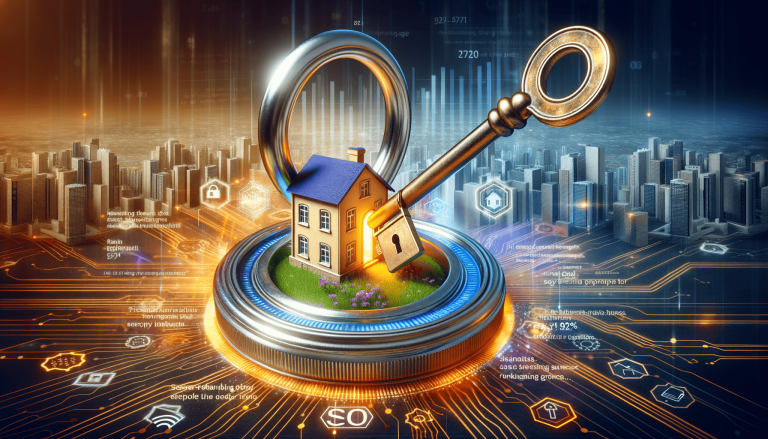 Golden key unlocks digital house security in a futuristic city.