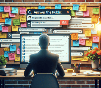 Person researching content ideas on computer and wall notes.