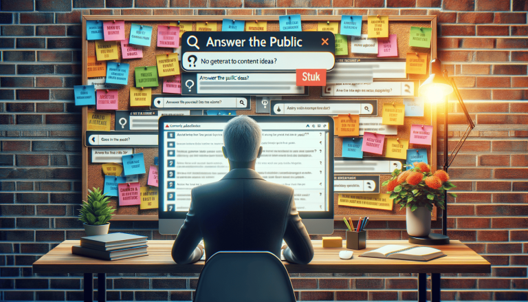 Person using "Answer the Public" for content ideas, with notes.
