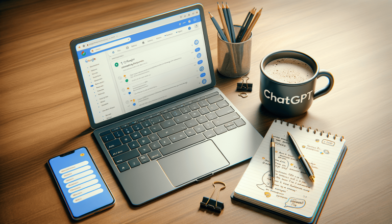 Laptop, smartphone, ChatGPT mug, and notebook on a wooden desk.