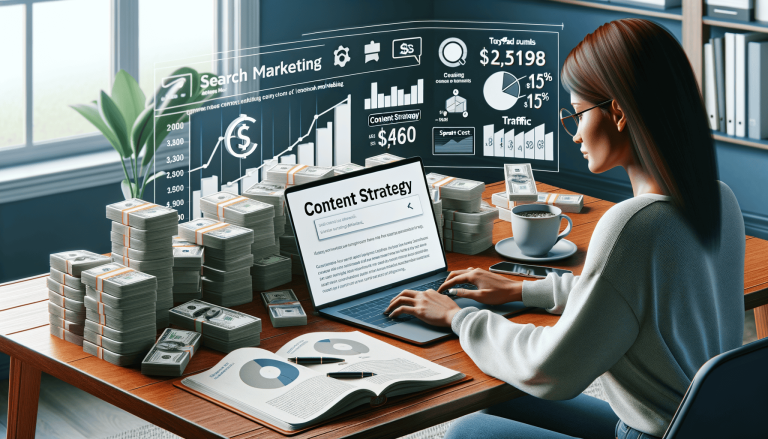 Woman works on content strategy, surrounded by money and analytics.