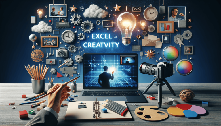 Desk with creative tools, laptop, and 'Excel of Creativity' text.
