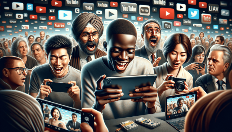 Diverse crowd reacts to social media content on screens.