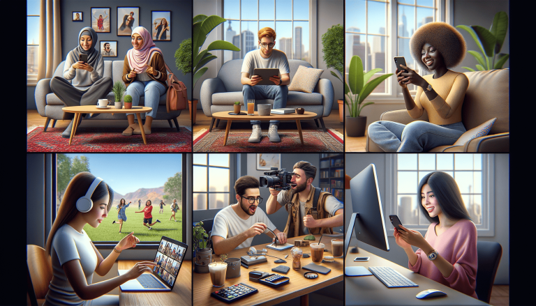 Diverse people using technology, working, and relaxing in modern settings.