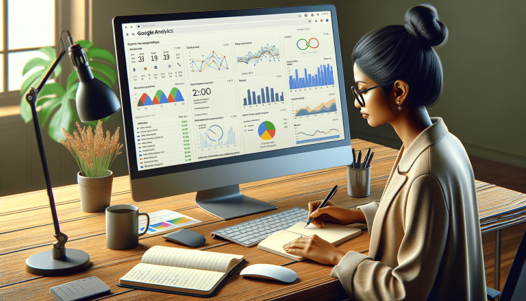Lady studying Google Analytics on screen, taking notes at desk.