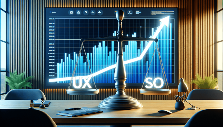 Scales balancing UX and SEO against a background of a growing graph.