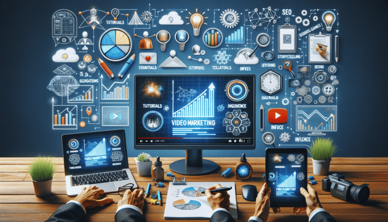 Digital marketing, video analytics, and business strategy desk setup.