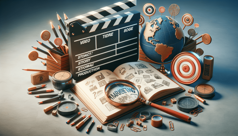 Marketing book, clapperboard, globe, and creative tools.