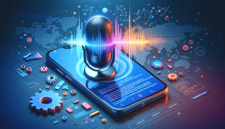 Smartphone with microphone and sound waves, representing voice technology.