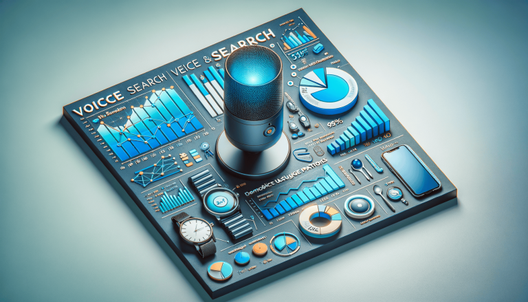 Voice search data dashboard featuring microphone, charts, and digital devices.