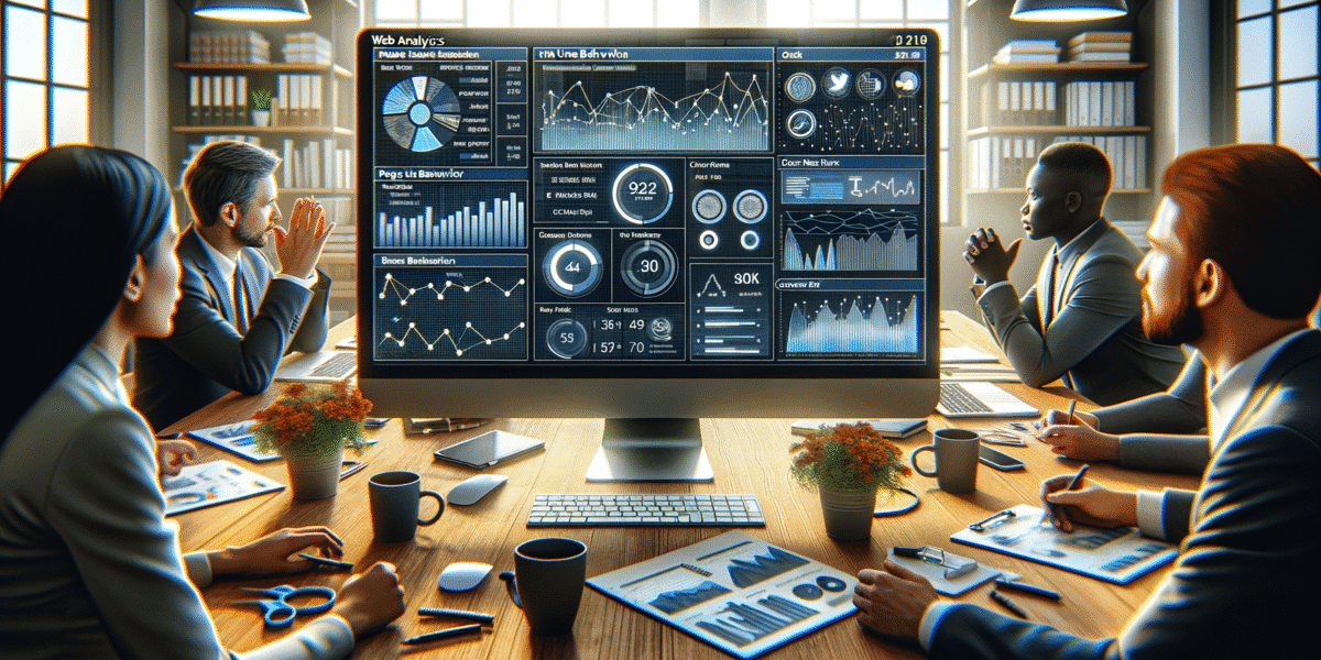 Diverse business team analysing web analytics data on a large screen.