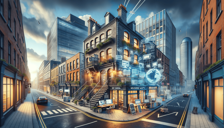 Digital information projected onto a traditional building in a modern city.