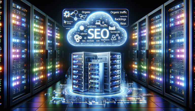 Glowing SEO cloud over servers in a futuristic data centre.