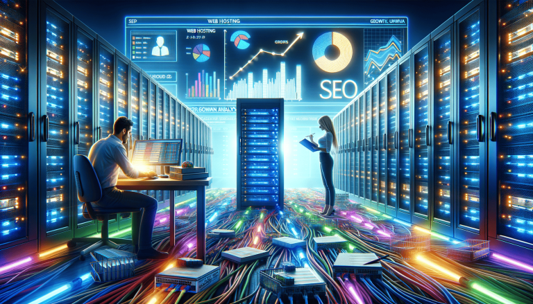 Tech professionals working in a futuristic data centre with glowing interfaces.