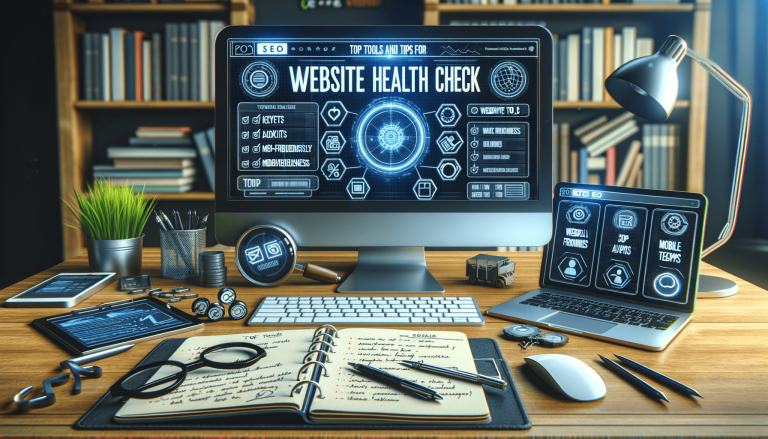 Digital desk setup with monitors displaying website SEO analysis.
