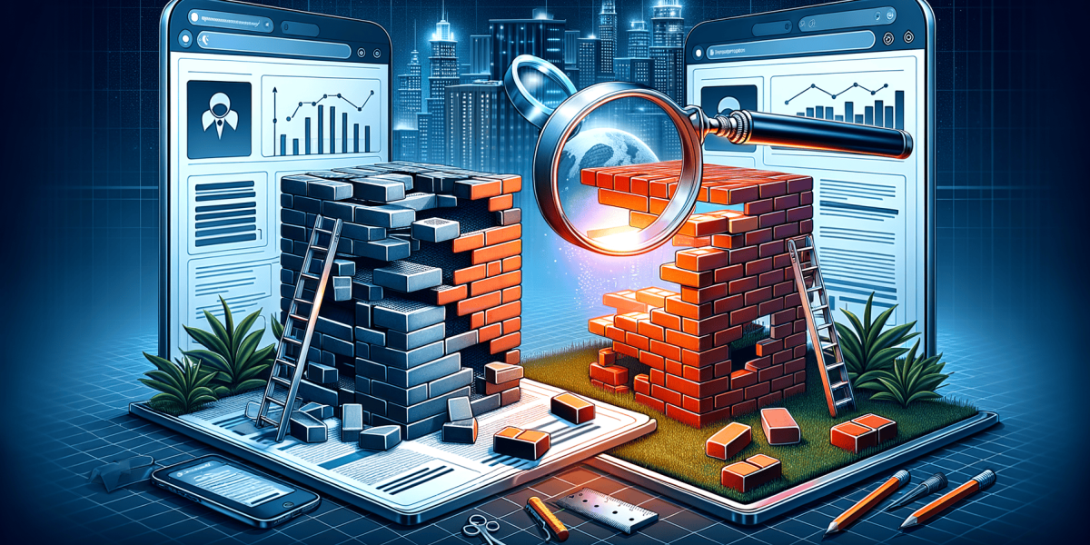 Screens showing digital project building, analysis with magnifying glass.