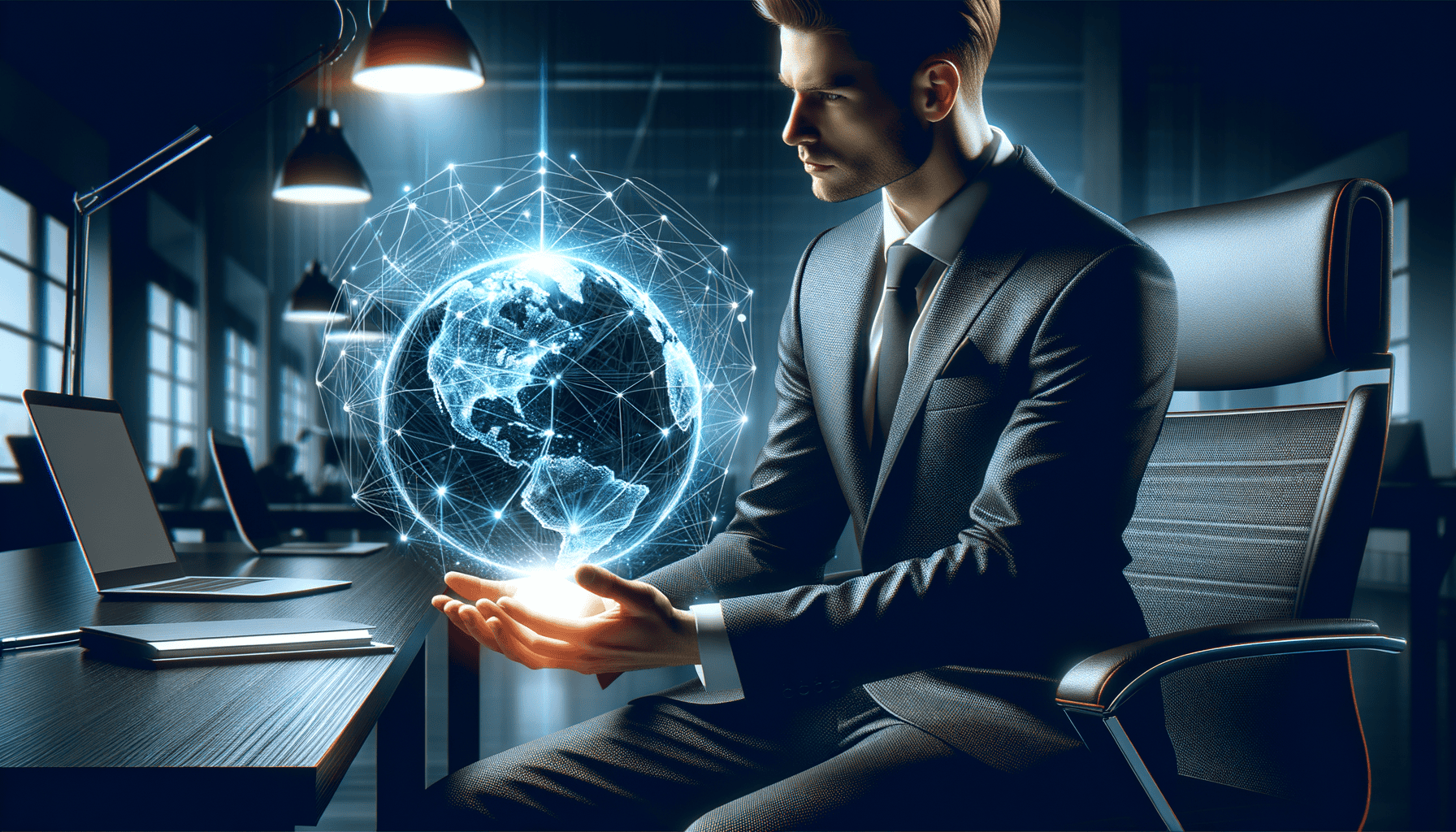 Businessman with digital globe in office
