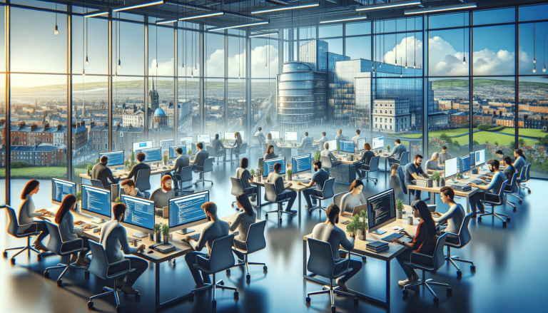 Developers working in a modern office with panoramic city views.