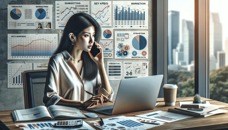 Woman talking on phone, working at desk with business charts.