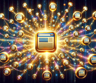 Digital network of interconnected web pages glowing.