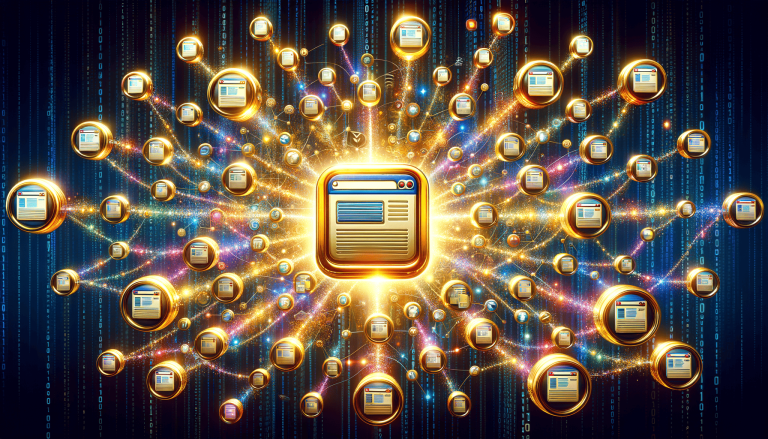 Glowing golden browser windows in a vibrant digital network.