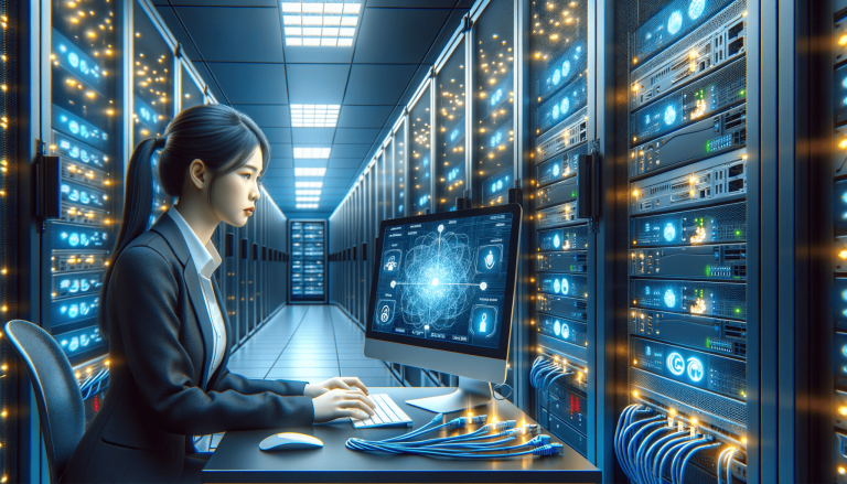 Engineer monitoring servers in a glowing data centre.