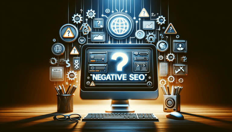Computer screen displaying 'Negative SEO' and question mark with icons.