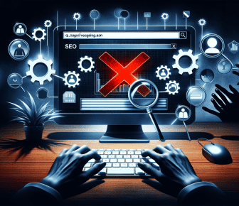 SEO failure concept with computer and red cross.