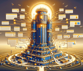 Futuristic data centre with connected digital documents.