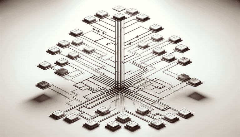 Digital data network hierarchy with connected square chips.