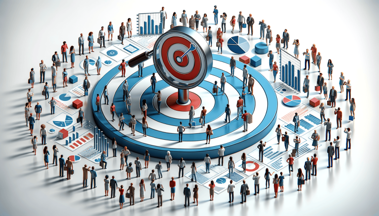 People around target and data, representing market analysis.