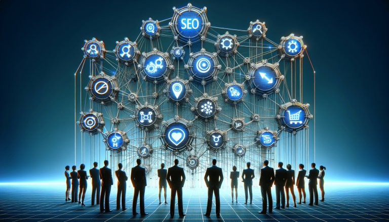 Business people viewing complex SEO and digital strategy network.