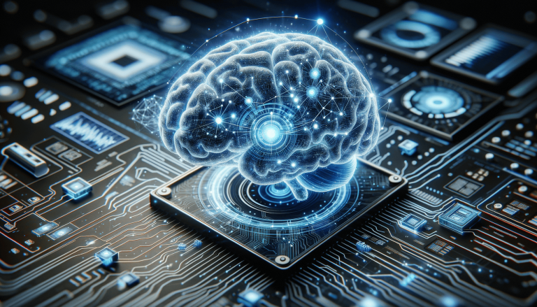 Digital brain glowing on a circuit board, representing AI.