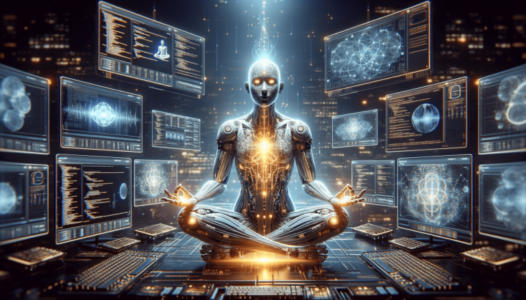 Meditating AI robot surrounded by futuristic data screens.