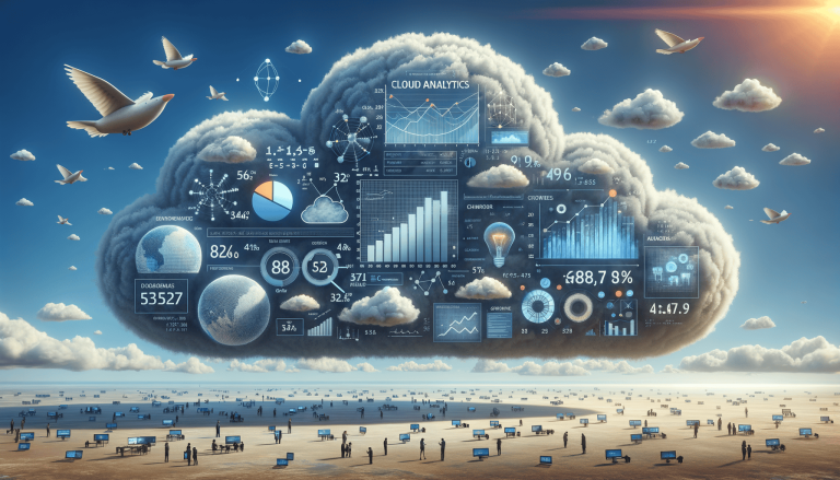 Cloud analytics data visualisation with people and computers in a landscape.