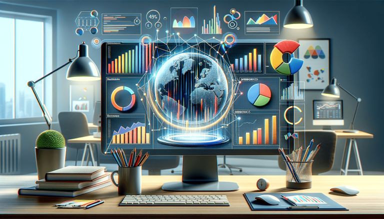 Global data analytics dashboard on office monitor with glowing Earth.