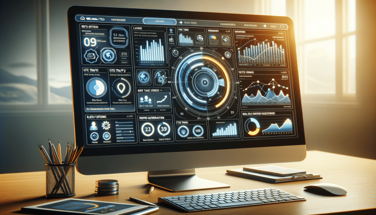 Office desk with computer showing data analytics dashboard.