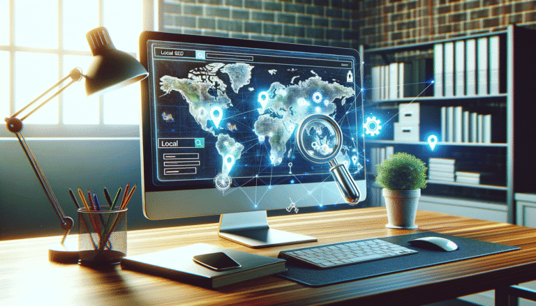 Local SEO concept: World map on computer screen with magnifying glass.